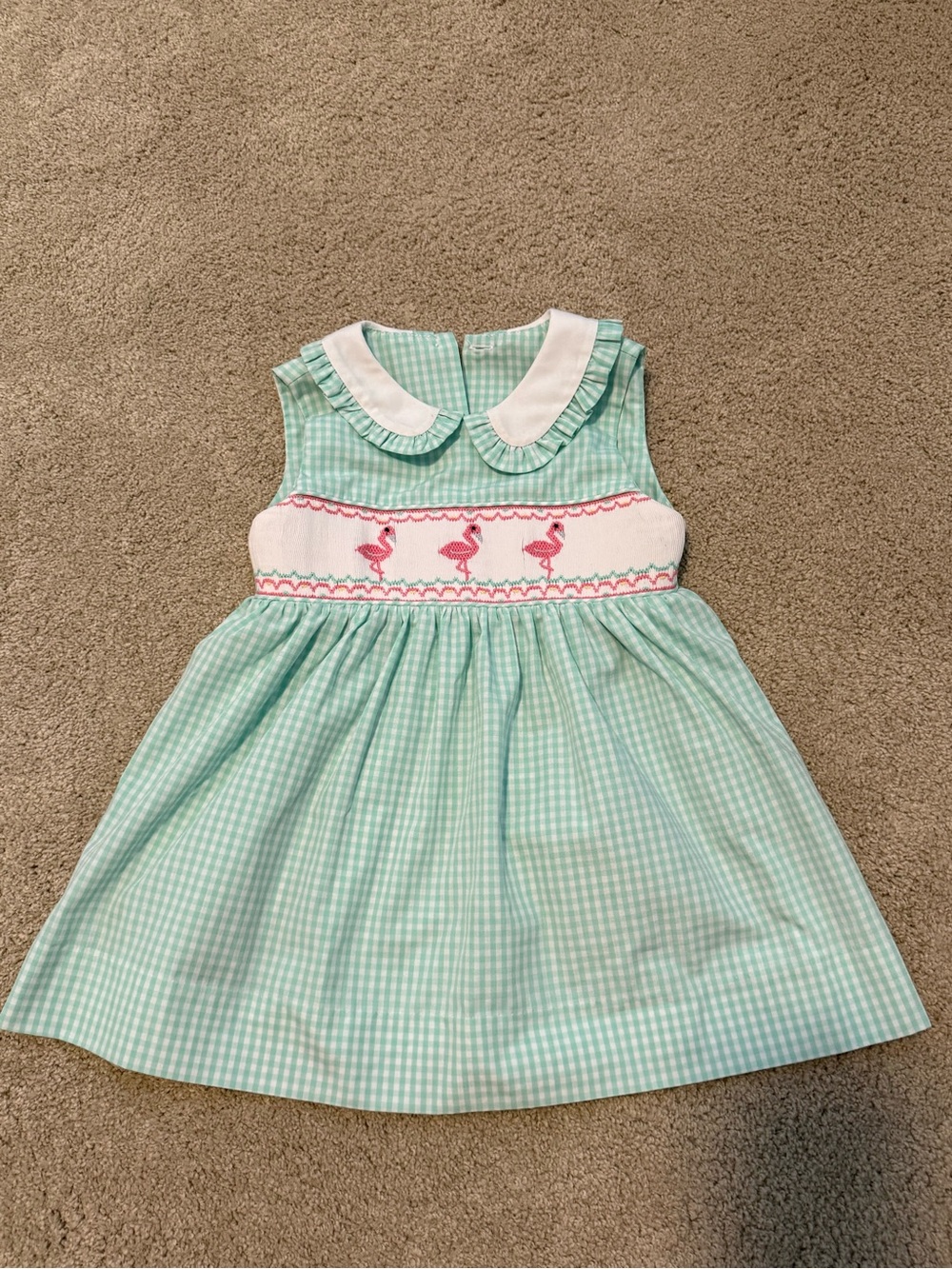 Girls' Mint Gingham Dress with Pink Flamingo Smocking